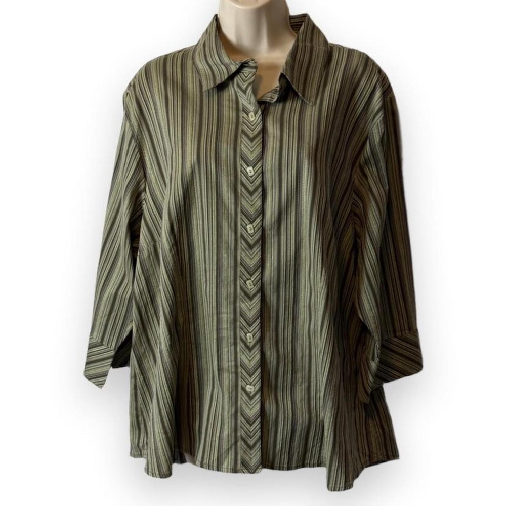 Vintage Y2K Quizz Woman Green Striped Button Down Blouse, Women's Size 2X